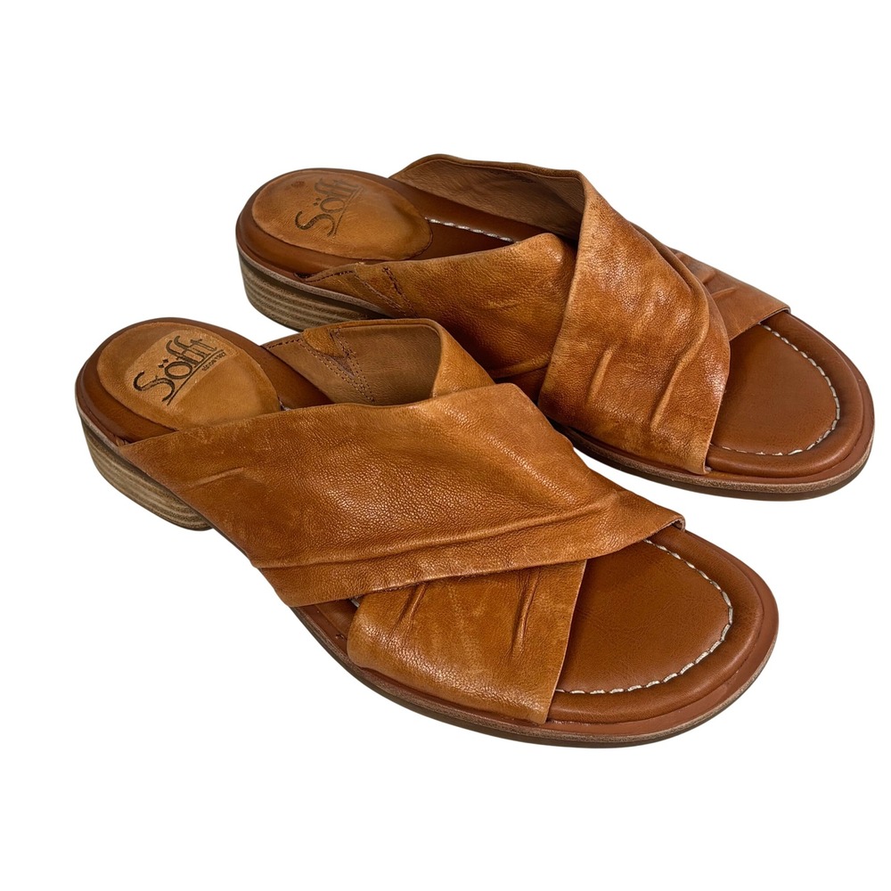 Sofft Slide Sandals Women 8.5 M Cognac Brown Leather Ruched Crisscross SF0096206